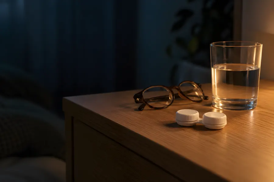 Kontaktlinsenbehälter, Lesebrille und ein Glas Wasser auf dem Nachttisch am Abend (Illustration)